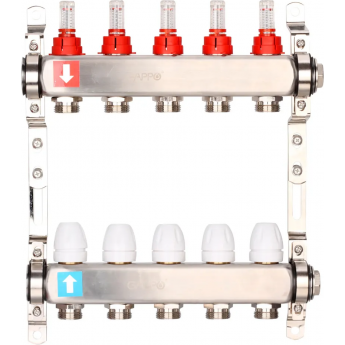 Коллектор регулируемый с расходомерами GAPPO G424.5 5-вых. x1"x3/4" Коллектор регулируемый с расходомерами GAPPO G424.5 5-вых. x1"x3/4"